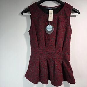 Eva Franco Blouse Women XS Red Metallic Jacquard Sleeveless Fit Flare Party/Glam